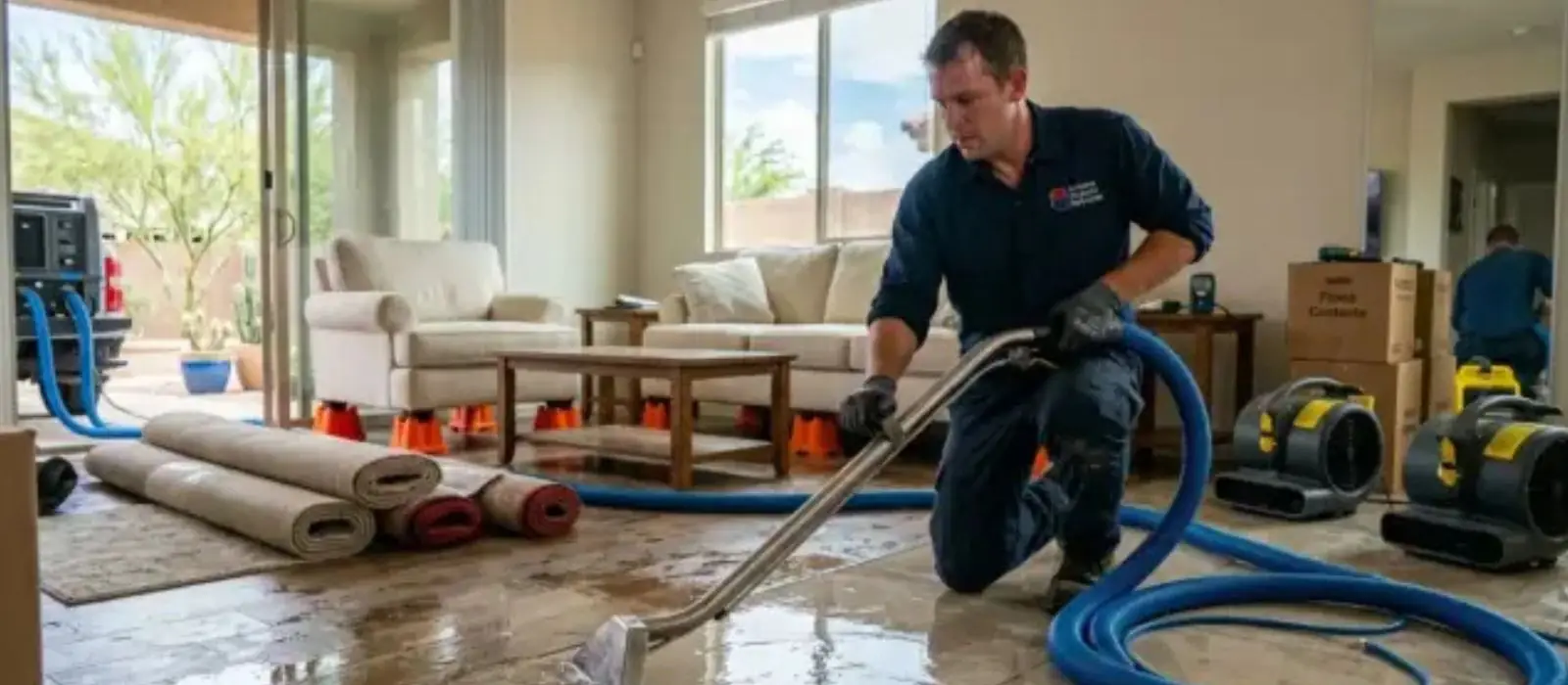 Restoration technician extracting water from a living room floor with drying equipment set out